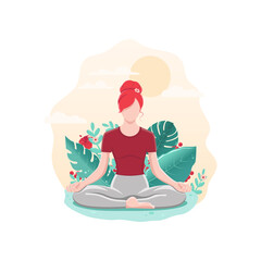 Girl doing yoga in nature with tropical leaves