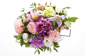 Festive floral arrangement on a white isolated background. Top view