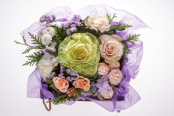Festive floral arrangement on a white isolated background. Top view