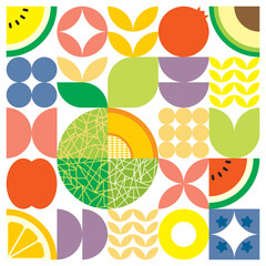Geometric summer fresh fruit artwork poster with colorful simple shapes. Scandinavian style flat abstract vector pattern design. Minimalist illustration of a cantaloupe melon on a white background.