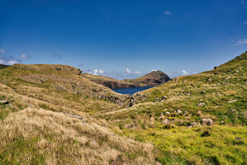 Ponta de Sao Lourenco, Madeira,Portugal. Beautiful scenic mountain view of green landscape,cliffs and Atlantic Ocean.