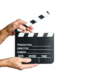 man hands holding a movie clapperboard on white background