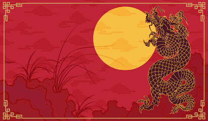 oriental dragon chinese japan korean traditional style solid red cloud orchid moon pattern - obrazy, fototapety, plakaty