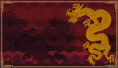oriental dragon chinese japan korean traditional style solid red water cloud pattern