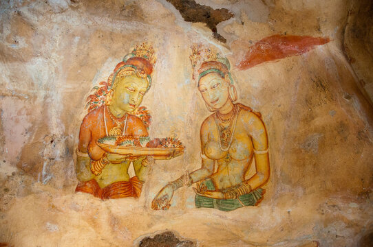 Ancient paintings frescoes in sigiriya rock fortress Dambulla, Sri Lanka