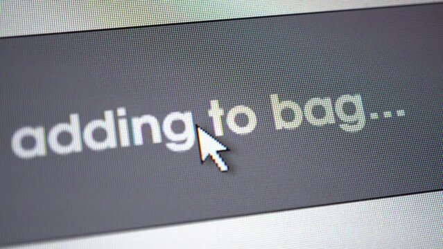 Mouse cursor clicks on the "Add To Bag" button. Macro shot close up of design UI, mock-up. Screen of a monitor or gadget showing a button for an online application or website for shopping.
