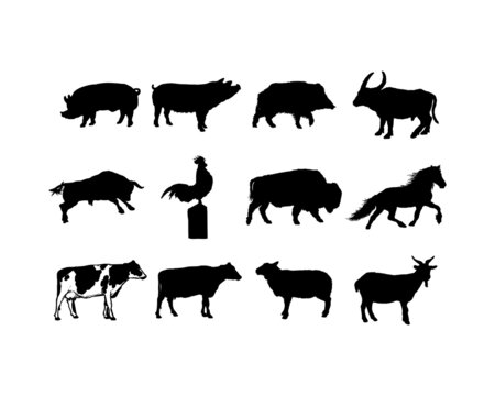 Silhouette Livestock Animal Farm Set Logo Vector