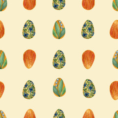 Watercolor seamless hand drawn pattern with eastern eggs and floral design