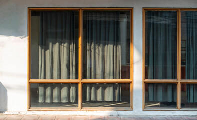 Restaurant door handle with push sign on glass doors