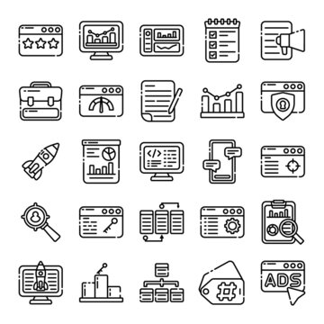 Outline web icons set - seo, search engine optimization, marketing. Line web icons collection. Special lineal outline icons style.