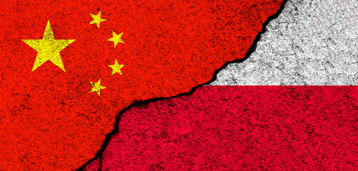 China and Poland. Flags background. Concept of politics, economy, culture and conflicts, war. Friendships and cooperation. Painted on concrete walls banner photo