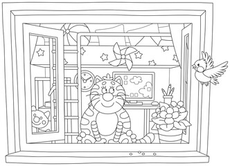 Funny plump cat friendly smiling, sitting on a windowsill of an open window and looking at a flying small bird, black and white vector cartoon illustration for a coloring book page