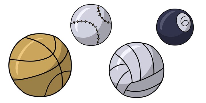 Vector illustration. A set of images of various balls for sports and recreation, illustrations for packaging