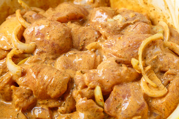 chicken fillet in spices marinated with onions and soy sauce.