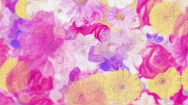 Beautiful abstract floral design motion background in the style of an oil painting. Flowers include carnation, chrysanthemum, daisy, gerbera, gladiola, hydrangea and rose. Full HD and a seamless loop.
