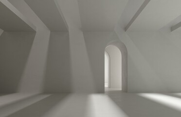 3d rendering of an empty concrete room with an entrance archway, sunbeams on the wall, product presentation space or gallery