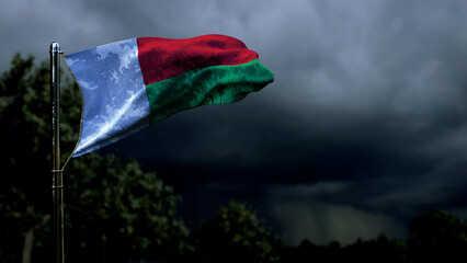 Madagascar flag for national celebration on dark storm cumulus - abstract 3D rendering