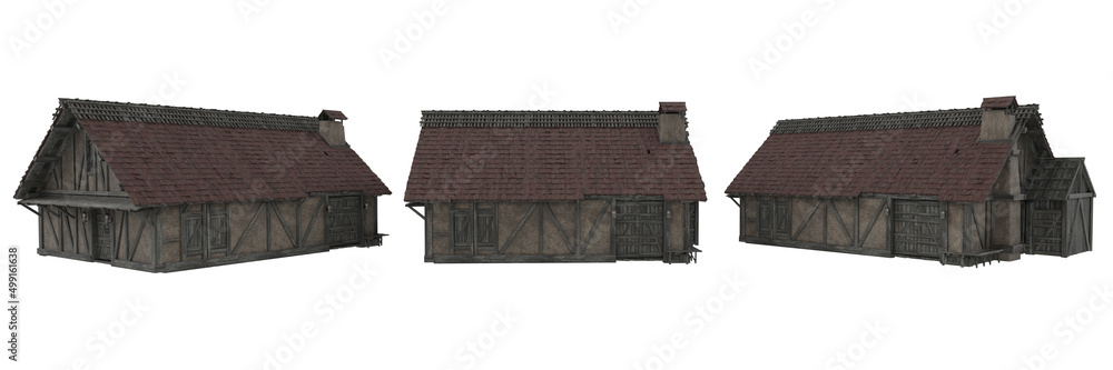 Poster old medieval stone and wooden framed house in daylight. 3d rendering, 3 views isolated on white with