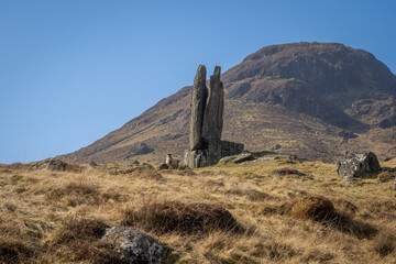 The ‘Praying Hands of Mary’, also known as Fionn’s Rock, is a mysterious rock formation in Glen Lyon. It consists of two large stones that rise together as if they were hands praying