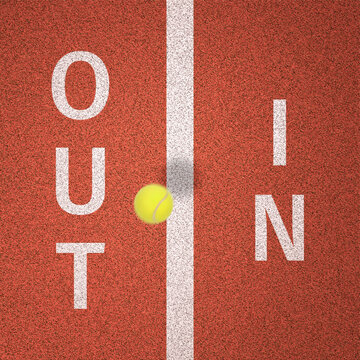 Tennis ball on court with text In and Out, top view