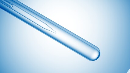Inclined test tube with transparent liquid and lab dropper inside on blue radial gradient background | Abstract body care cosmetics formulation concept