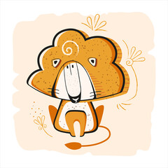 Cute lion cartoon vector illustration with decor elements. Baby lion animal character. Good for poster, card, kids products. 