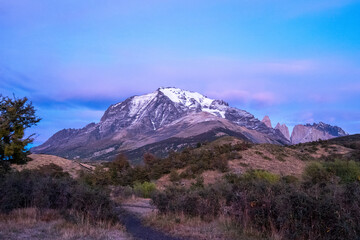 Sunrise facing the mountain at Torres del Paine, Patagonia, Chile