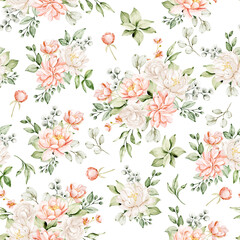 Seamless background, floral pattern with watercolor flowers pink and white peonies. Repeat fabric wallpaper print texture. Perfectly for wrapped paper, backdrop.