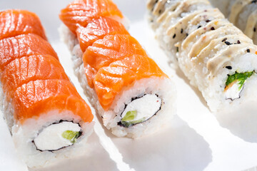 Sushi philadelphia. Delicious Sushi. Japanese kitchen. Sushi rolls

