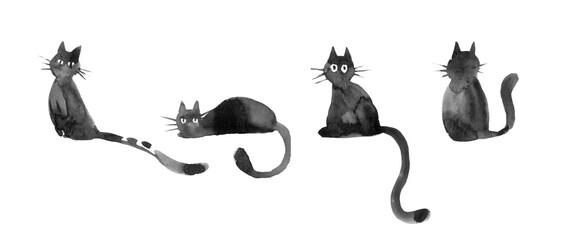 black cats Hand drawn watercolor pictures