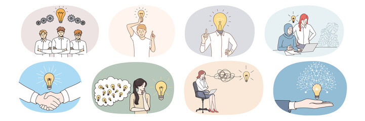 Set of diverse businesspeople with light bulb think of problem solution. Collection of employees or workers with lightbulb brainstorm generate innovative business idea. Vector illustration. 
