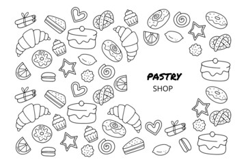 Hand drawn template with sweets such as cake, donut, cupcake, croissant. Doodle sketch style. Illustration for pastry shop.