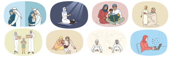 Collection of Arabian people in traditional clothes daily life. Set of Arabic men and women show cultural and natural diversity. Muslim ethnicity and Islam religion. Vector illustration. 