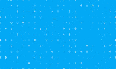 Seamless background pattern of evenly spaced white astrological pluto symbols of different sizes and opacity. Vector illustration on light blue background with stars