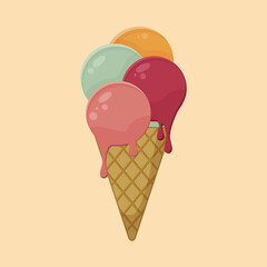 Dripping Ice Cream Scoops in Waffle Cone, Vector, Summer