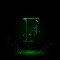 A large green outline franc symbol on the center. Green Neon style. Neon color with shiny stars. Vector illustration on black background