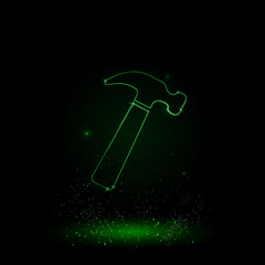 A large green outline hammer symbol on the center. Green Neon style. Neon color with shiny stars. Vector illustration on black background