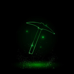 A large green outline pickaxe symbol on the center. Green Neon style. Neon color with shiny stars. Vector illustration on black background