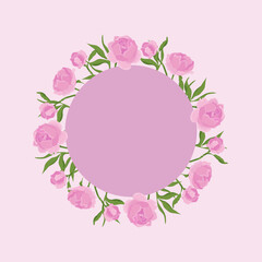 Round Frame with Pink Peonies on light pink background with space for text, Mother's Day, Wedding, Women's Day
