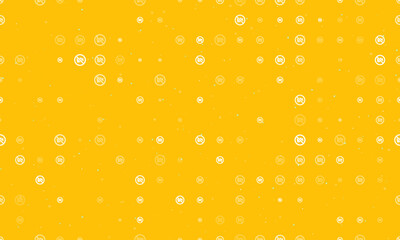 Seamless background pattern of evenly spaced white no video symbols of different sizes and opacity. Vector illustration on amber background with stars