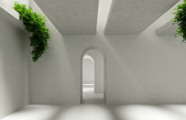3d rendering of empty concrete room with plants on the ceiling