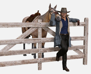 Denny is a hard-working rancher cowboy construction man - 3D illustrated male character render on an isolated white background. Denny has brown hair and brown eyes. 