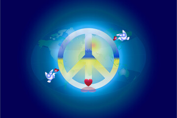Illustration of loving peace on the Earth with White pigeon carrying love sign or heart sign in the globe on gradient blue background. Political world map is an illustration created by me.