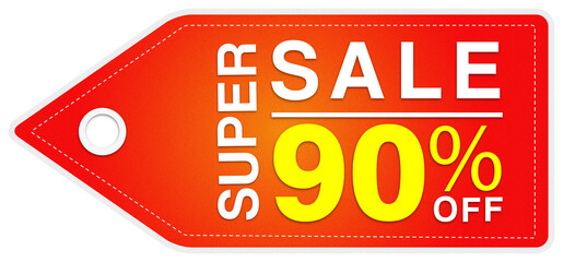 Offer tag. 90 percent off. Discount for big sale. Red and orange label.