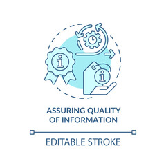 Assuring quality of information turquoise concept icon. Role of information industry abstract idea thin line illustration. Isolated outline drawing. Editable stroke. Arial, Myriad Pro-Bold fonts used
