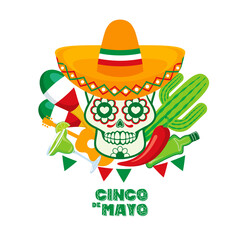 Cinco de Mayo greeting card with decorative sugar skull with sombrero hat icon vector. Mexican culture icon set vector. Cinco de Mayo Poster, May 5. Important day
