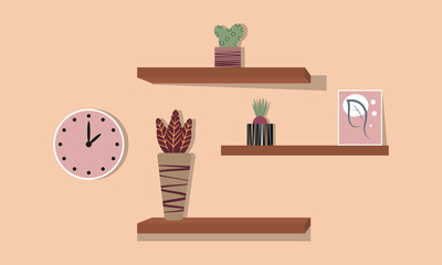 Cactuses in pots stand on the shelves. Decorative plants set isolate on white background. Vector illustrations set