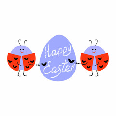 Two ladybugs draw hearts on an Easter egg, vector illustration. Easter greeting card on a white background.