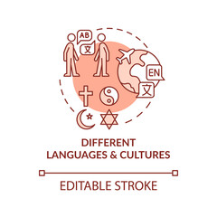 Different languages and cultures terracotta concept icon. Info industry difficulty abstract idea thin line illustration. Isolated outline drawing. Editable stroke. Arial, Myriad Pro-Bold fonts used