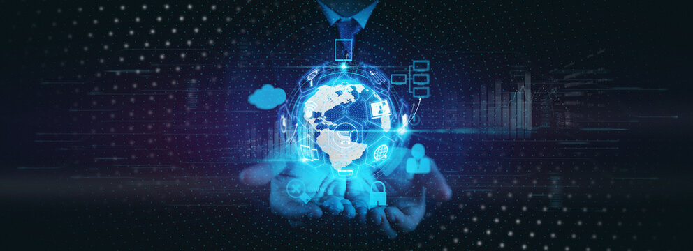 E-commerce concept with VR digital interface with icons of shopping cart and delivery truck and credit card with symbol of online purchase on internet.businessman hand show 3d world - Powered by Adobe